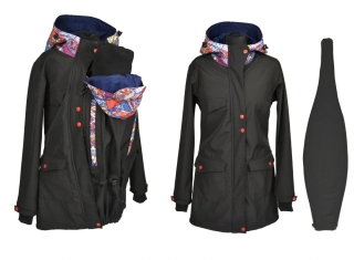 Softshellový kabát 3v1 -těhotenská vsadka, přední nošení vsadka s hladítky - černá/bláznivé trojúhelníky/petrolej