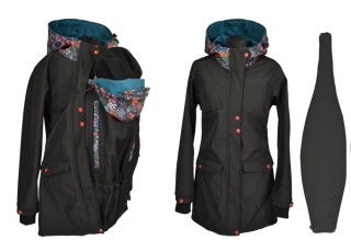 Softshellový kabát 3v1 -těhotenská vsadka, přední nošení vsadka s hladítky - černá/bobule/petrolej