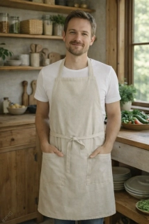 Lněná zástěra s laclem a hranatými kapsami