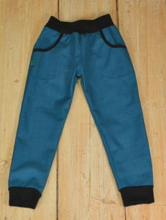 Dětské kalhoty softshell JARNÍ bambus-petrolej SKLADEM vel.104 v kapsách horská zvířátka