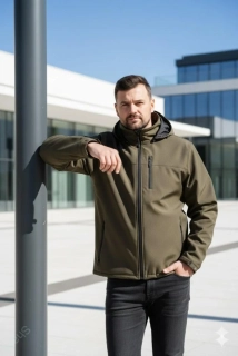 Softshel. pánská bunda ZIMNÍ pro ZADNÍ i přední nošení- khaki žíhaná-SKLADEM vel.XS
