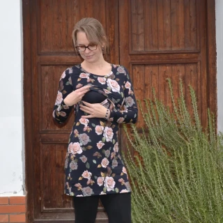 Mikinové šaty těhotenské i kojící Shara - květy na černé