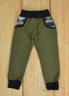 Dětské kalhoty softshellové oliva/horská zvířátka SKLADEM vel.98