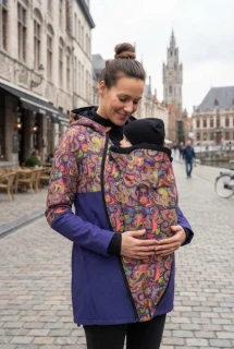 Softshellový kabát JARO/PODZIM přední nošení - modrofialová/etno ornament SKLADEM vel. S /stahování i pod zadečkem