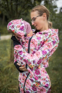 Softshellová dlouhá bunda přední nošení s kojícími zipy - pivoňky SKLADEM vel.XS
